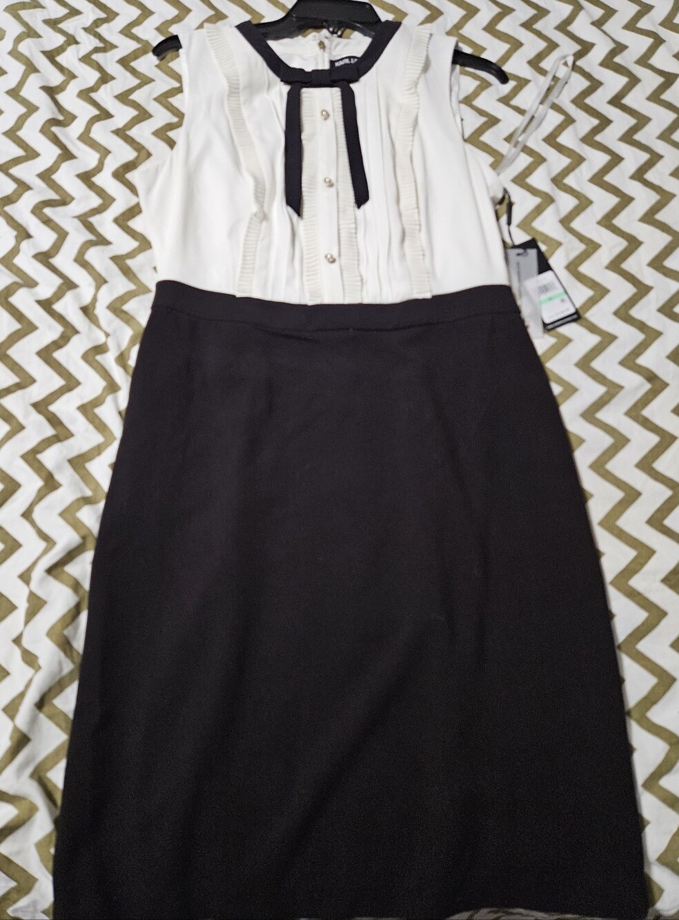 Karl Lagerfeld Sleeveless Black Pencil Skirt Dress with White Ruffled Bodice